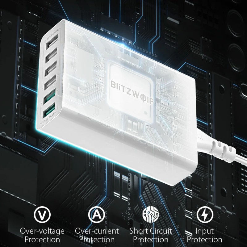 BlitzWolf BW-S15 60W 6-porttinen USB-laturi pöytäasema kaksi QC3.0-porttia älykäs EU-pistoke