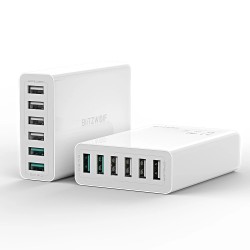 BlitzWolf BW-S15 60W 6-porttinen USB-laturi pöytäasema kaksi QC3.0-porttia älykäs EU-pistoke