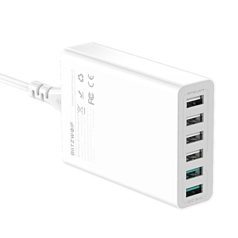 BlitzWolf BW-S15 60W 6-porttinen USB-laturi pöytäasema kaksi QC3.0-porttia älykäs EU-pistoke