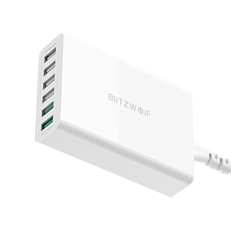 BlitzWolf BW-S15 60W 6-porttinen USB-laturi pöytäasema kaksi QC3.0-porttia älykäs EU-pistoke