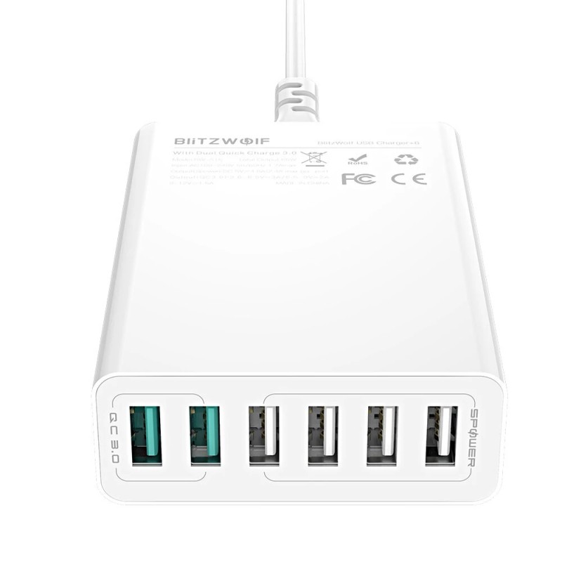 BlitzWolf BW-S15 60W 6-porttinen USB-laturi pöytäasema kaksi QC3.0-porttia älykäs EU-pistoke