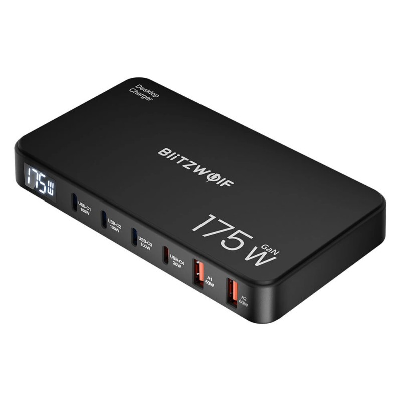 Blitzwolf BW S30 175W 6 porttinen usb pd työpöytälatausasema 4x usb c 2x usb a digitaalinäytöllä