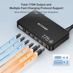 Blitzwolf BW-S30 175W 6-porttinen usb-pd työpöytälatausasema 4x usb-c 2x usb-a digitaalinäytöllä
