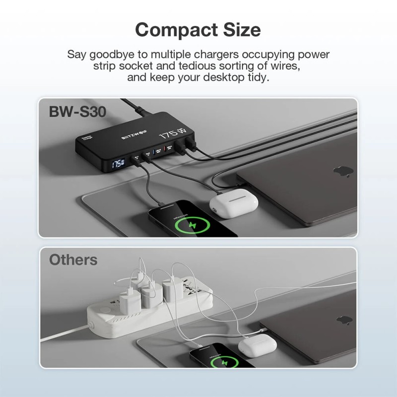 Blitzwolf BW-S30 175W 6-porttinen usb-pd työpöytälatausasema 4x usb-c 2x usb-a digitaalinäytöllä