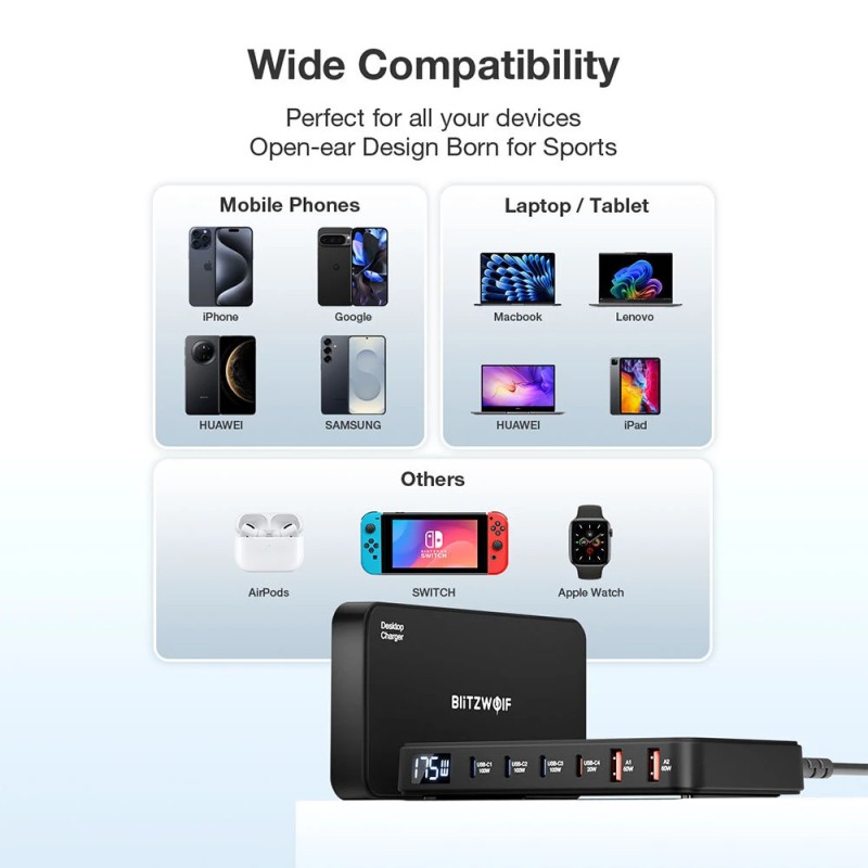 Blitzwolf BW-S30 175W 6-porttinen usb-pd työpöytälatausasema 4x usb-c 2x usb-a digitaalinäytöllä