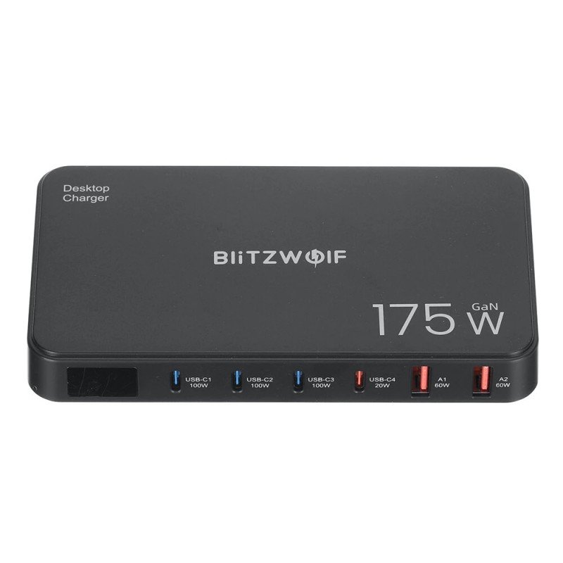 Blitzwolf BW-S30 175W 6-porttinen usb-pd työpöytälatausasema 4x usb-c 2x usb-a digitaalinäytöllä