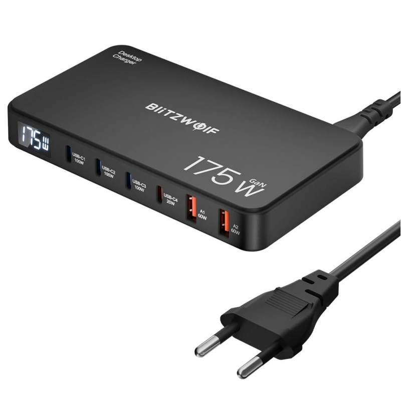Blitzwolf BW-S30 175W 6-porttinen usb-pd työpöytälatausasema 4x usb-c 2x usb-a digitaalinäytöllä