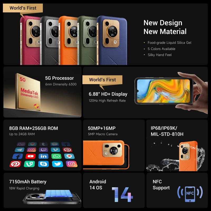 FOSSiBOT F112 Pro 5G kestävä älypuhelin 6,88-tuumainen 24 Gt 256 Gt 7150 mAh 50 MP-kamera