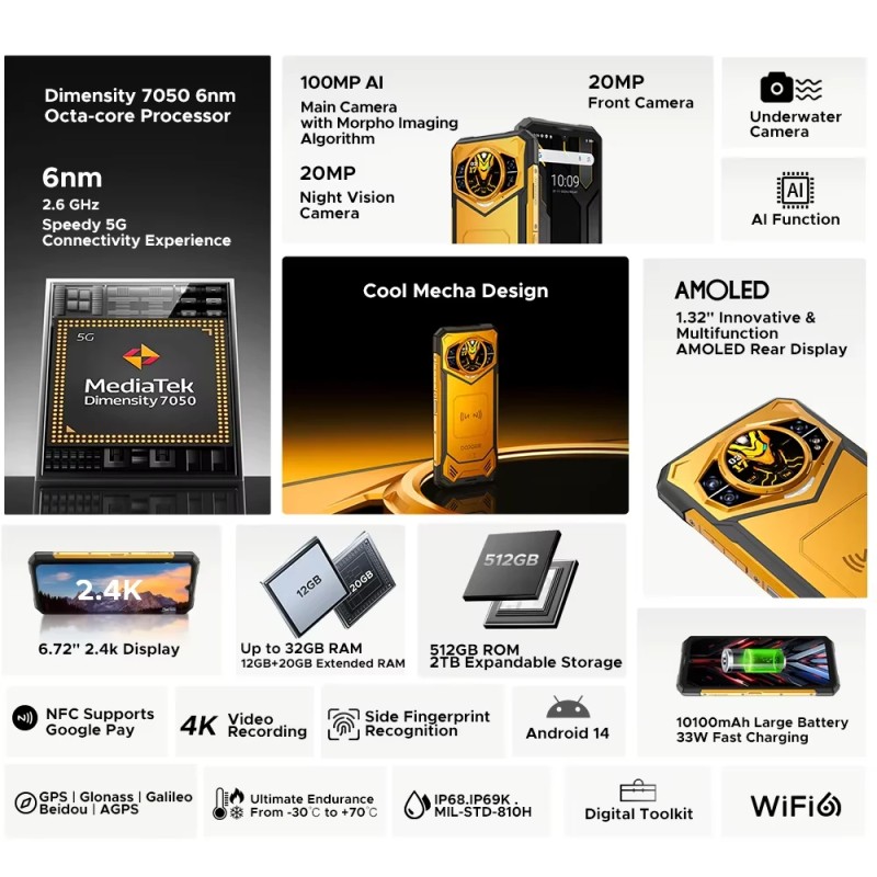 DOOGEE S200 X kestävä 5G-älypuhelin 32Gt/512Gt muistia 100MP-pääkamera 1,32 AMOLED-takanäyttö 10100mAh