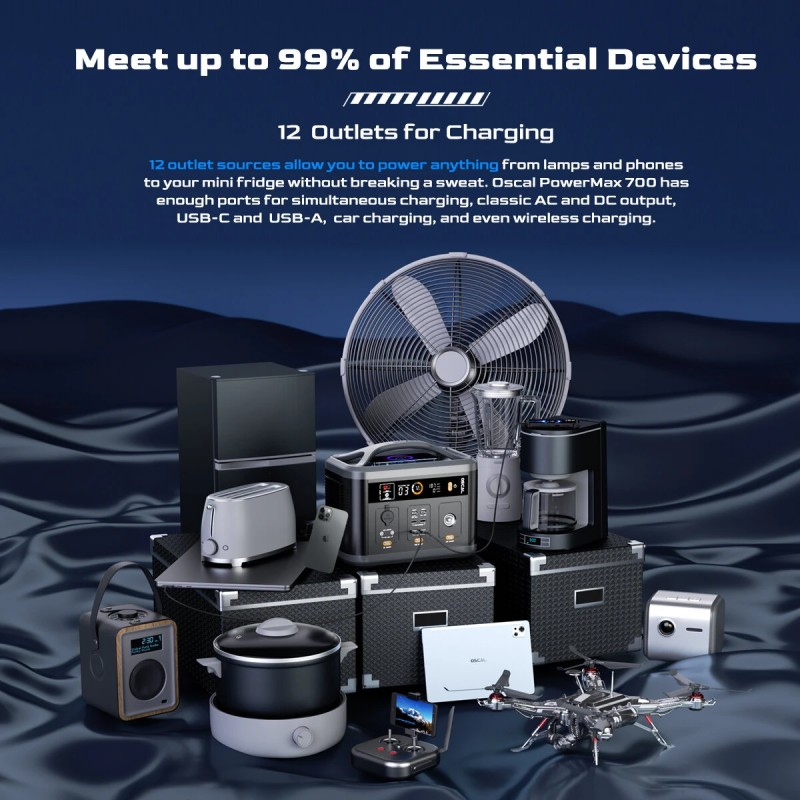 Blackview OSCAL PowerMax 700 kannettava varavirtakeskus 666 wattituntia 12 lähtöä lcd-näytöllä langaton lataus