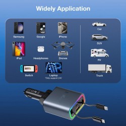 Bakeey sisäänvedettävä 131 W nelitoiminen autolaturi iPhone- ja C-tyypin kaapelilla