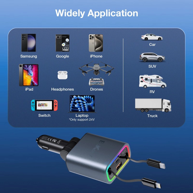 Bakeey sisäänvedettävä 131 W nelitoiminen autolaturi iPhone- ja C-tyypin kaapelilla
