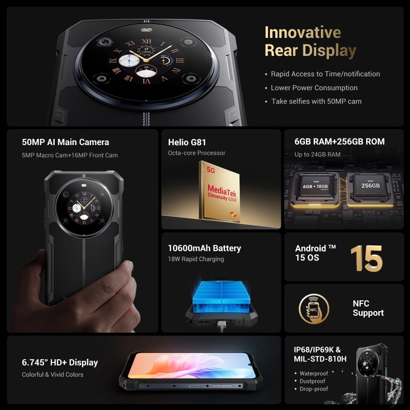 FOSSiBOT F109S kestävä kaksoisnäyttöinen Android 15 älypuhelin 24GB/256GB 10600mAh 50MP