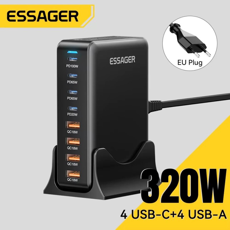 ESSAGER YMX-320W 320W GaN 8-porttinen pöytälaturi 4 USB-C-porttia 4 USB-A-porttia