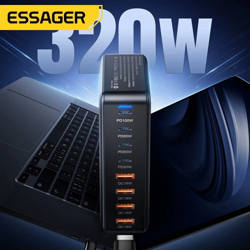 ESSAGER YMX-320W 320W GaN 8-porttinen pöytälaturi 4 USB-C-porttia 4 USB-A-porttia