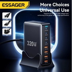 ESSAGER YMX-320W 320W GaN 8-porttinen pöytälaturi 4 USB-C-porttia 4 USB-A-porttia