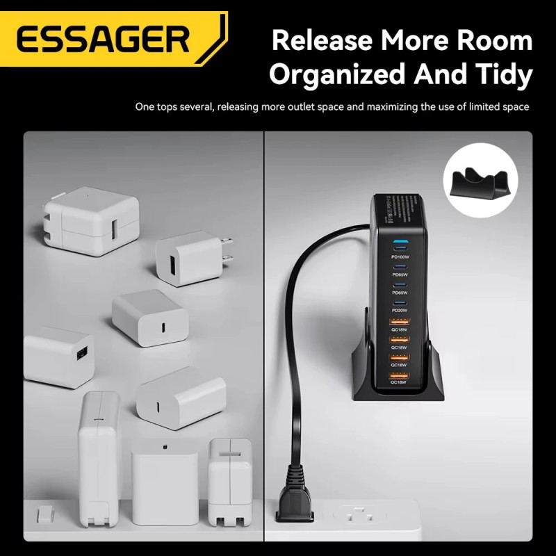 ESSAGER YMX-320W 320W GaN 8-porttinen pöytälaturi 4 USB-C-porttia 4 USB-A-porttia