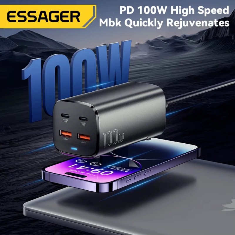Essager ES-CD36 100W neljäporttinen GaN USB-C PD3.0 ja USB-A laturi
