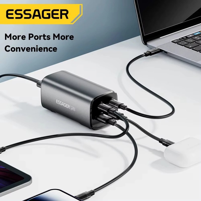 Essager ES-CD36 100W neljäporttinen GaN USB-C PD3.0 ja USB-A laturi