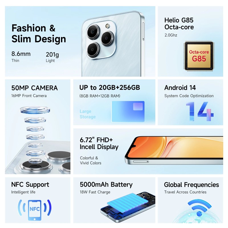 FOSSiBOT S2 50MP-kamera 20Gt/256Gt 6,72-tuuman näyttö 5000mAh NFC Android14 4G-älypuhelin