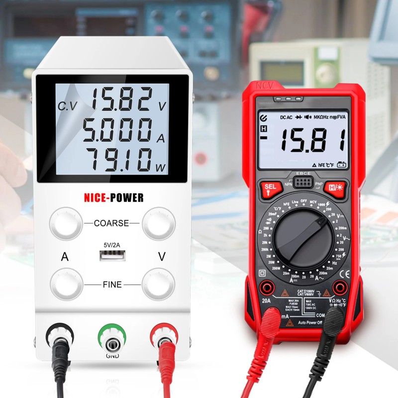 NICE-POWER 3010D säädettävä tasavirtalähde 30V 5A – 120V 3A nelinumeroinen LCD-näyttö USB-lataus älykäs tuuletin