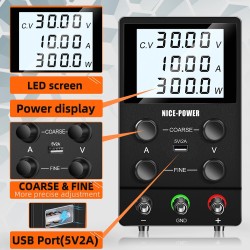 NICE-POWER 3010D säädettävä tasavirtalähde 30V 5A – 120V 3A nelinumeroinen LCD-näyttö USB-lataus älykäs tuuletin