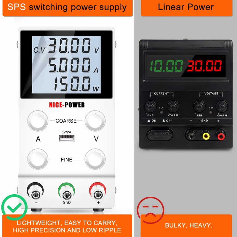 NICE-POWER 3010D säädettävä tasavirtalähde 30V 5A – 120V 3A nelinumeroinen LCD-näyttö USB-lataus älykäs tuuletin