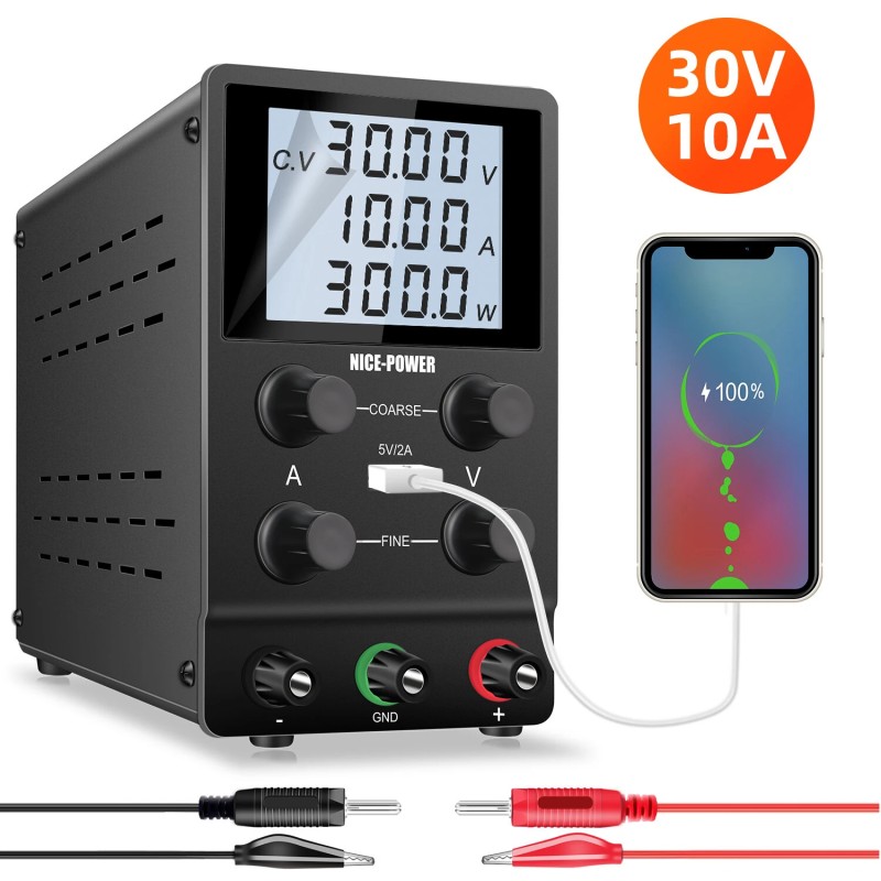 NICE-POWER 3010D säädettävä tasavirtalähde 30V 5A – 120V 3A nelinumeroinen LCD-näyttö USB-lataus älykäs tuuletin