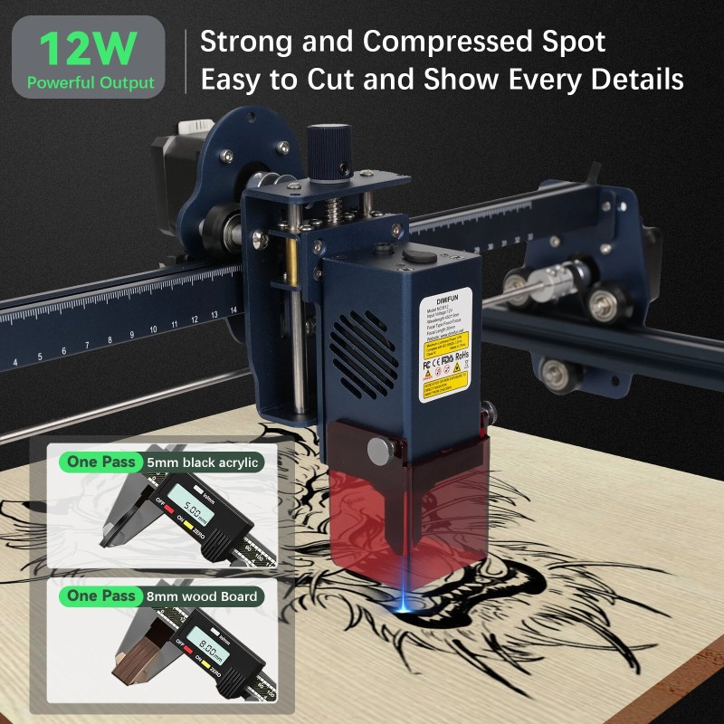 DIMIFUN DM6 B12 12W laserkaiverruskone 330x330 mm alumiinirunko tukee AI JPG PNG Gcode DXF