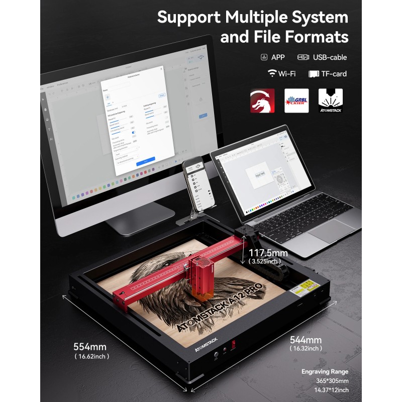 ATOMSTACK A12 Pro 12W asennusvapaa laserkaiverruskone sovellinohjauksella 455nm sininen puu metalli akryyli nahka
