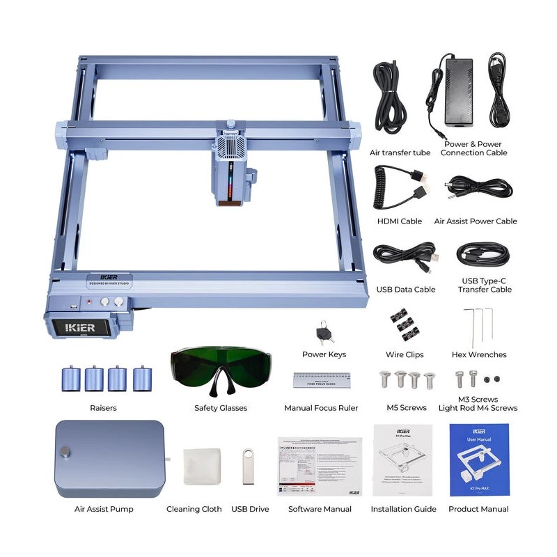 Tehokas iKier K1 Pro Max 48W/24W vaihdettavalla teholla kaiverrus- ja laserleikkuri 4,3 tuuman kosketusnäytöllä