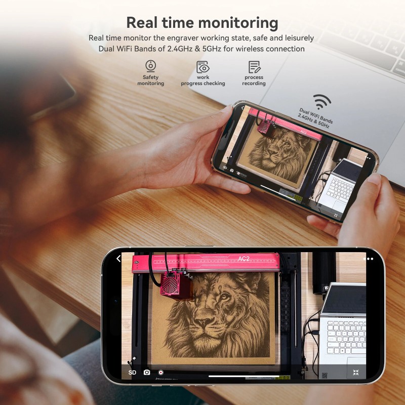 AtomStack AC2 langaton kamera laserkaivertimelle tarkka automaattinen paikannus 1080p video LightBurnille ja AtomStackille