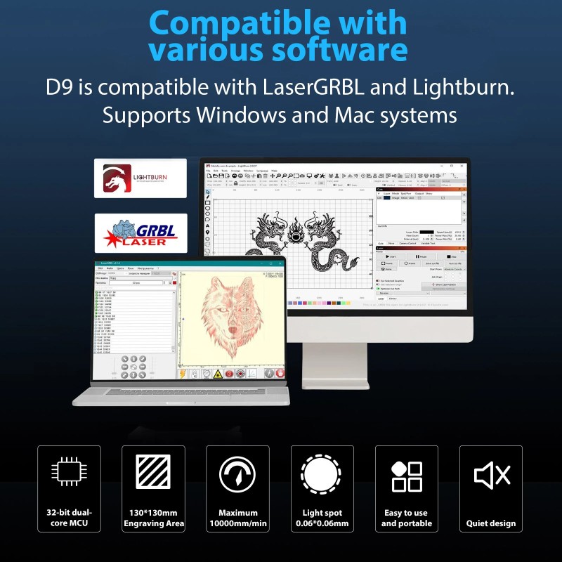 DIMIFUN D9 A25 2,5W laserkaiverruskone 445 nm pistekoko 0,06 mm työalue 130×130 mm