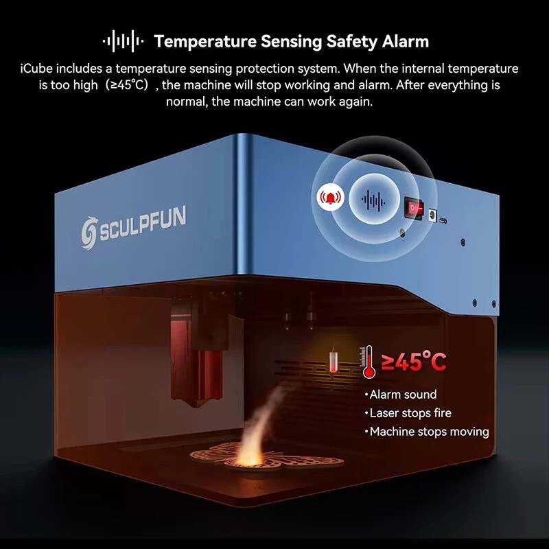Sculpfun iCube Pro Max 10W kannettava laserkaiverrin savusuodattimella lämpöhälytys 120x120 mm kaiverrusalue