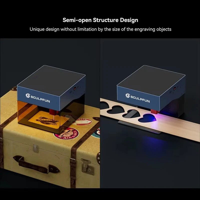 Sculpfun iCube Pro Max 10W kannettava laserkaiverrin savusuodattimella lämpöhälytys 120x120 mm kaiverrusalue