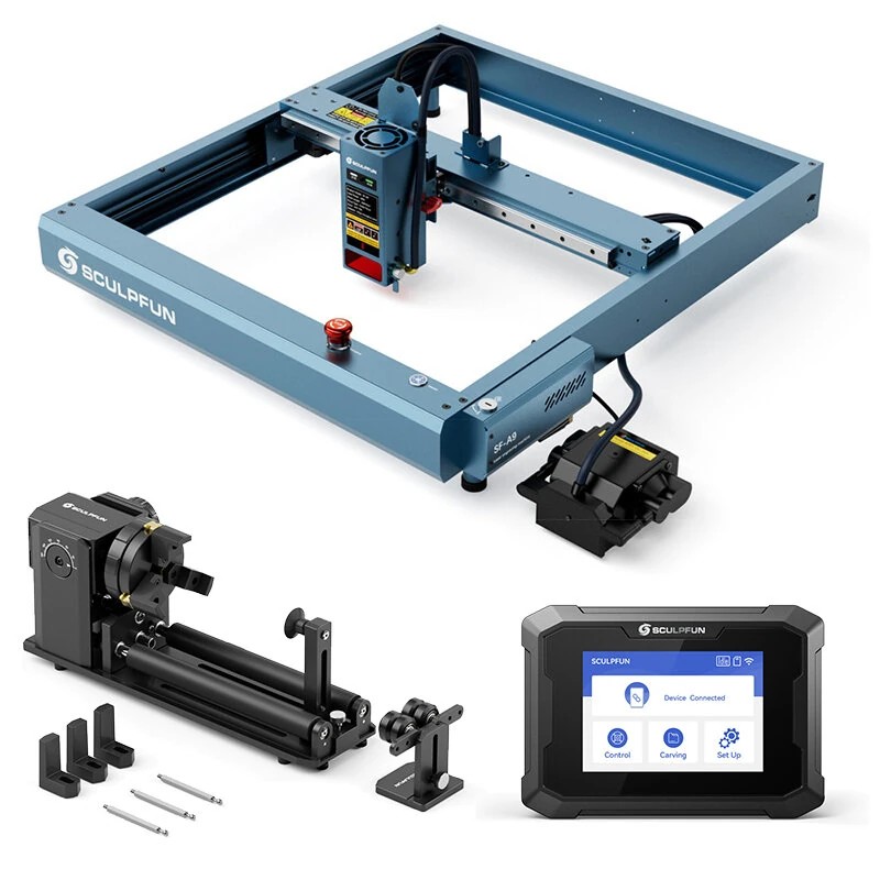 SCULPFUN SF A9 40 W n laserkaiverrus ja leikkauskone 3 5 tuuman kosketusnäytöllä ja RA Pro Max kiertoistukalla