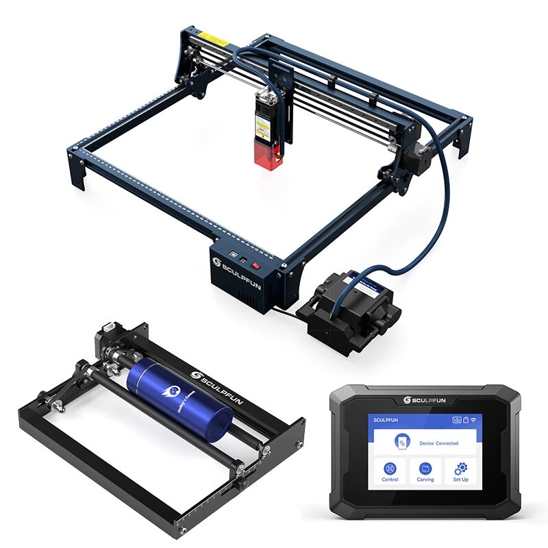 SCULPFUN S30 Pro 10W laserkaiverrin leikkuri ilma-avusteella pyörivärulla 3,5 tuuman kosketusnäyttö