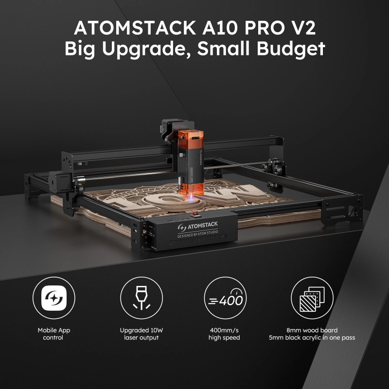 ATOMSTACK A10 PRO V2 10W laserkaiverrin F30-ilma-avusteella ja R3 Pro pyörörullalla