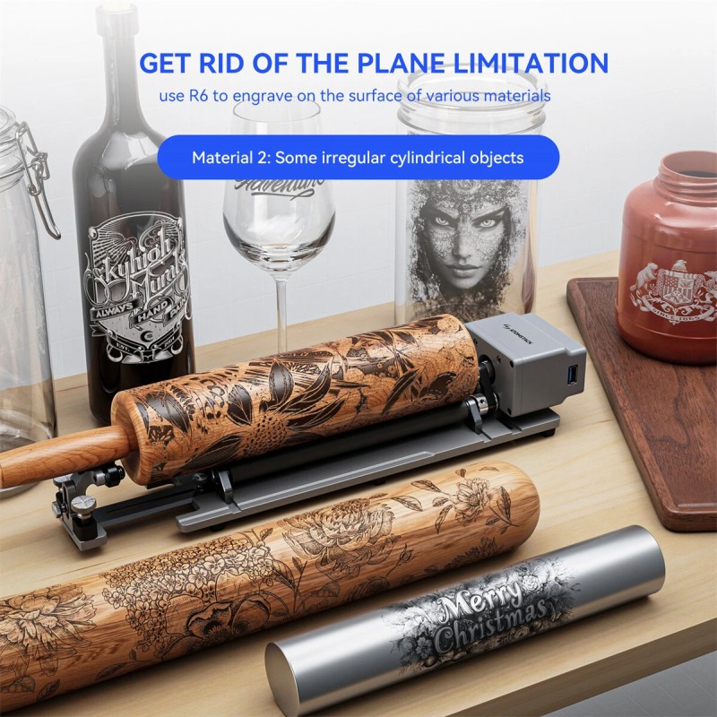 ATOMSTACK R6 rulla-akseli laserkaiverrukseen sylintereille 1–80 mm halkaisija 1 m pituus 3 kg kantavuus