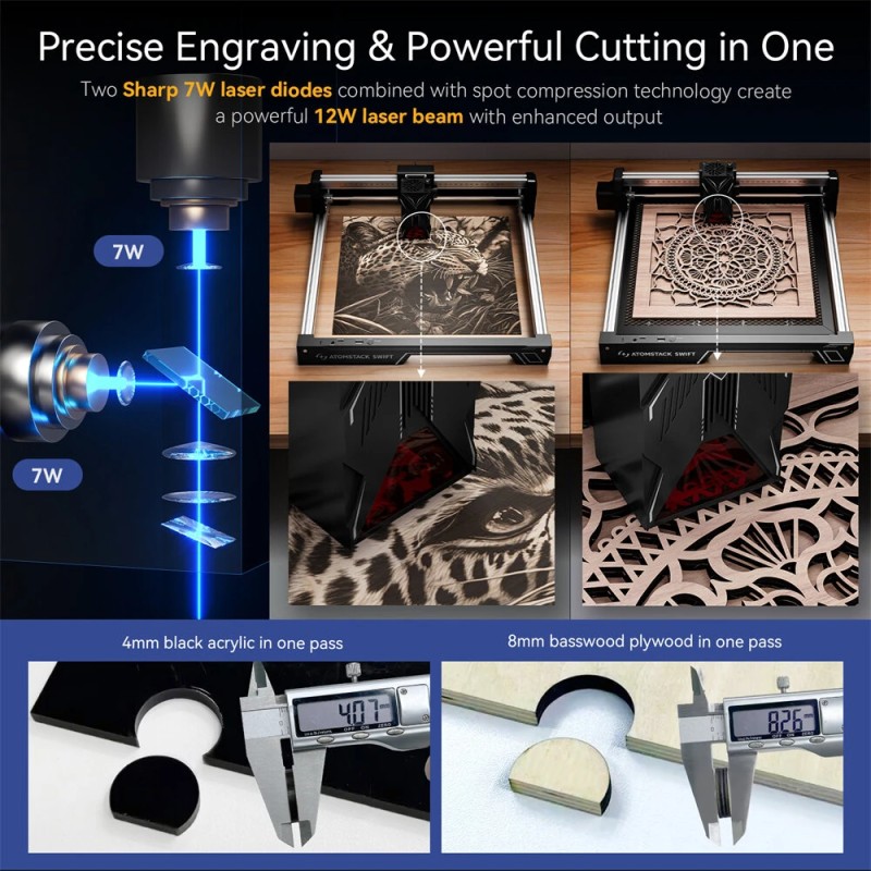 AtomStack Swift 12W kannettava laserkaiverrin käsittelyalue 300x300 mm puu metalli akryyli