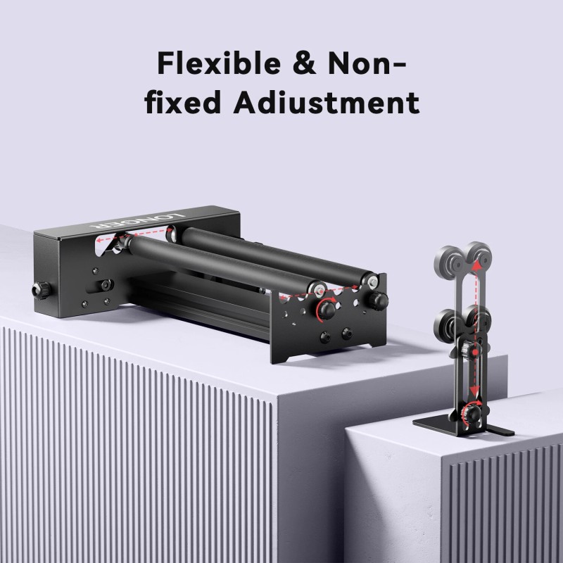 Pidempi 360° pyörivä rullasarja säädettävällä korkeudella sylinteriesineille ja laajennetuille levykaiverruksille