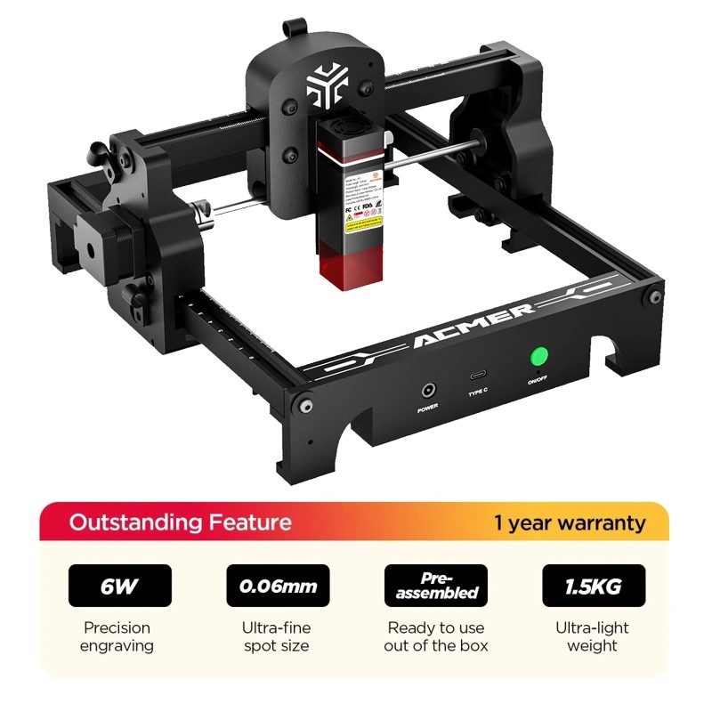 ACMER S1 Mini 6W kannettava korkean tarkkuuden laserkaiverruslaite 130 mm työalue