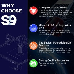 SCULPFUN S9 laserkaiverruskone tarkalla 410×420 mm kaiverrusalueella puun ja akryylin leikkaus automaattisella rullamoduulilla