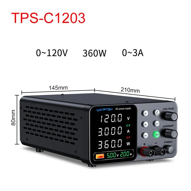WANPTEK TPS-C1203 säädettävä tasavirtalähde 0–120V 0–3A 360W digitaalinen näyttö USB-pikalataus