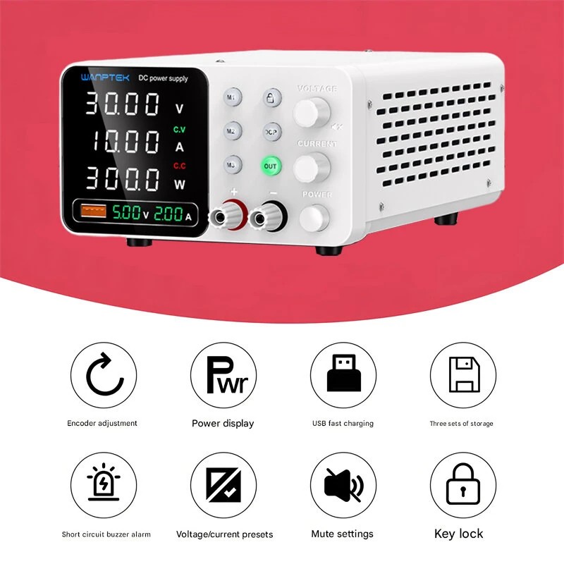 WAMPTEK säädettävä tasavirtalähde TPS-C3010 0–30V 0–10A 300W USB-pikalataus ylivirtasuojaus