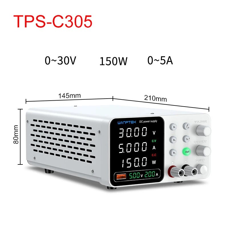 WAMPTEK säädettävä tasavirtalähde TPS-C3010 0–30V 0–10A 300W USB-pikalataus ylivirtasuojaus