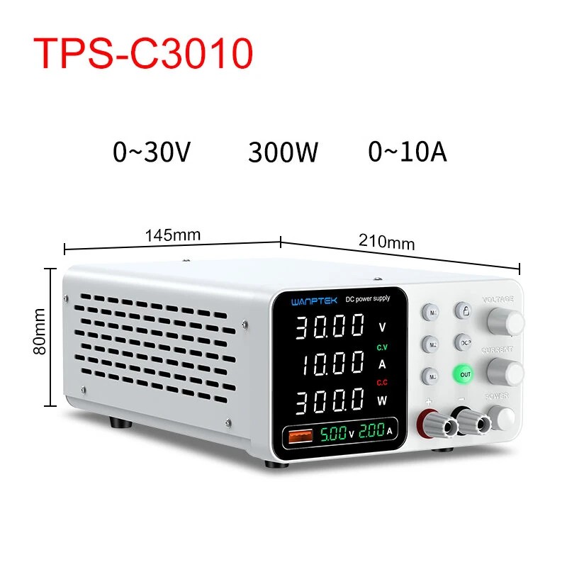 WAMPTEK säädettävä tasavirtalähde TPS-C3010 0–30V 0–10A 300W USB-pikalataus ylivirtasuojaus