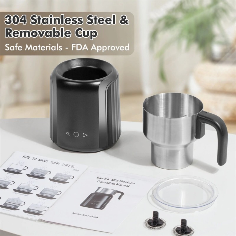 Sähköinen maidonvaahdotin ja höyrystin yhdeksällä toiminnolla, kosketusnäyttö, irrotettava ruostumaton teräskannu