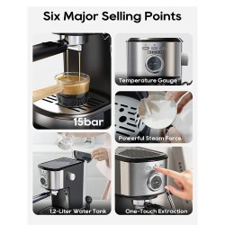 HiBREW H5A puoliautomaattinen 15 baarin espressokeitin reaaliaikaisella lämpötilamittarilla ja kupinlämmittimellä