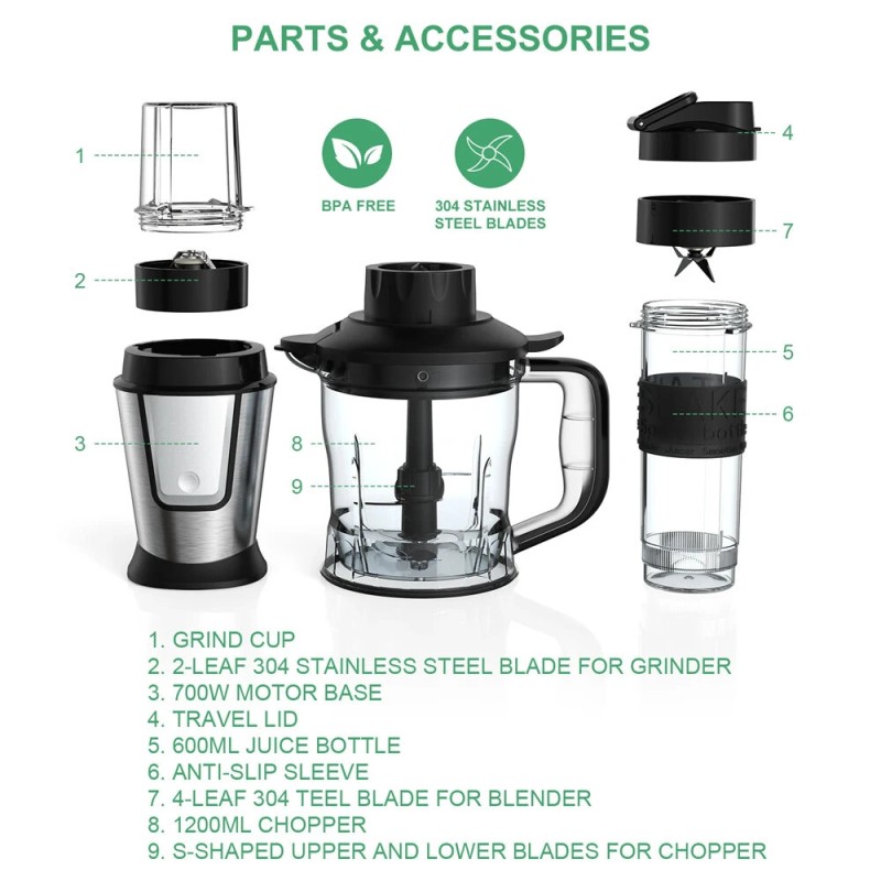 BioloMix kolmitoiminen kannettava tehosekoitin, silppuri ja jauhinkone 700 W